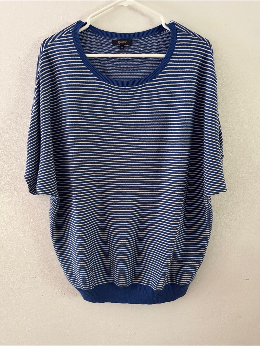 Quince Blue & White Lightweight Cotton Cashmere Sweater Top Sz M